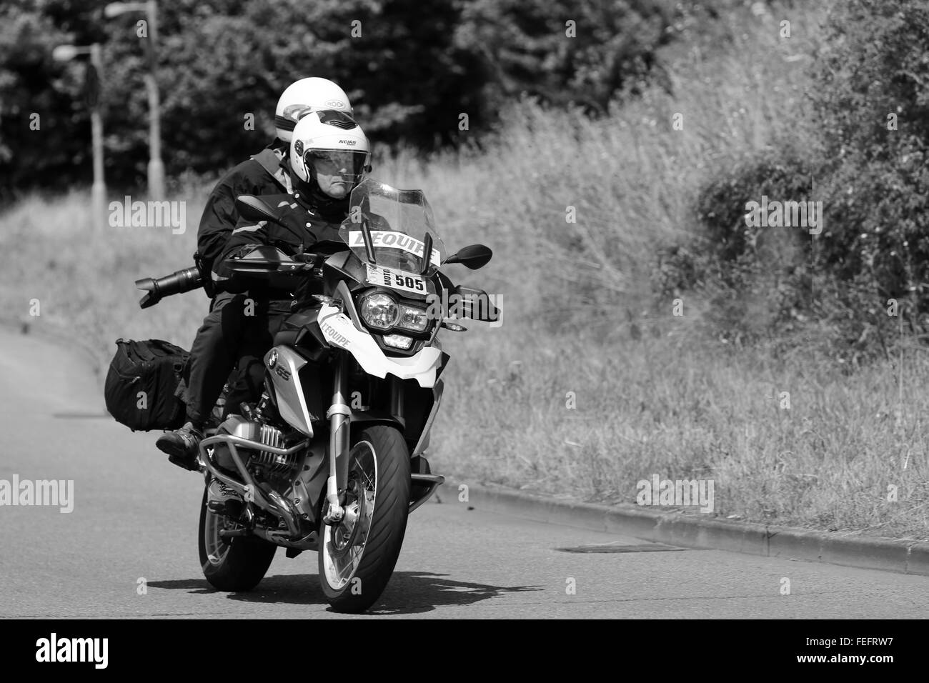 Appuyez sur la suite de la Moto Tour de France, juillet 2014 Banque D'Images