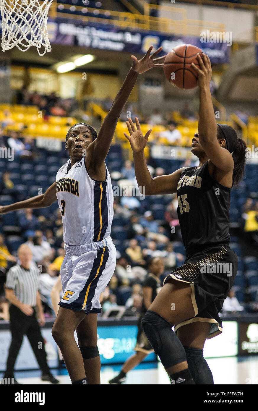 Chattanooga, Tennessee, USA. 08Th Feb 2016. Chattanooga Dame Jasmine avant gpm Joyner (3) défend contre Wofford Lady Ashton garde Terriers Fleming (15) pendant le jeu entre Dame Wofford Terriors et la dame de Chattanooga au GPM McKenzie Arena à Chattanooga, Tennessee. Gary Fain/CSM/Alamy Live News Banque D'Images