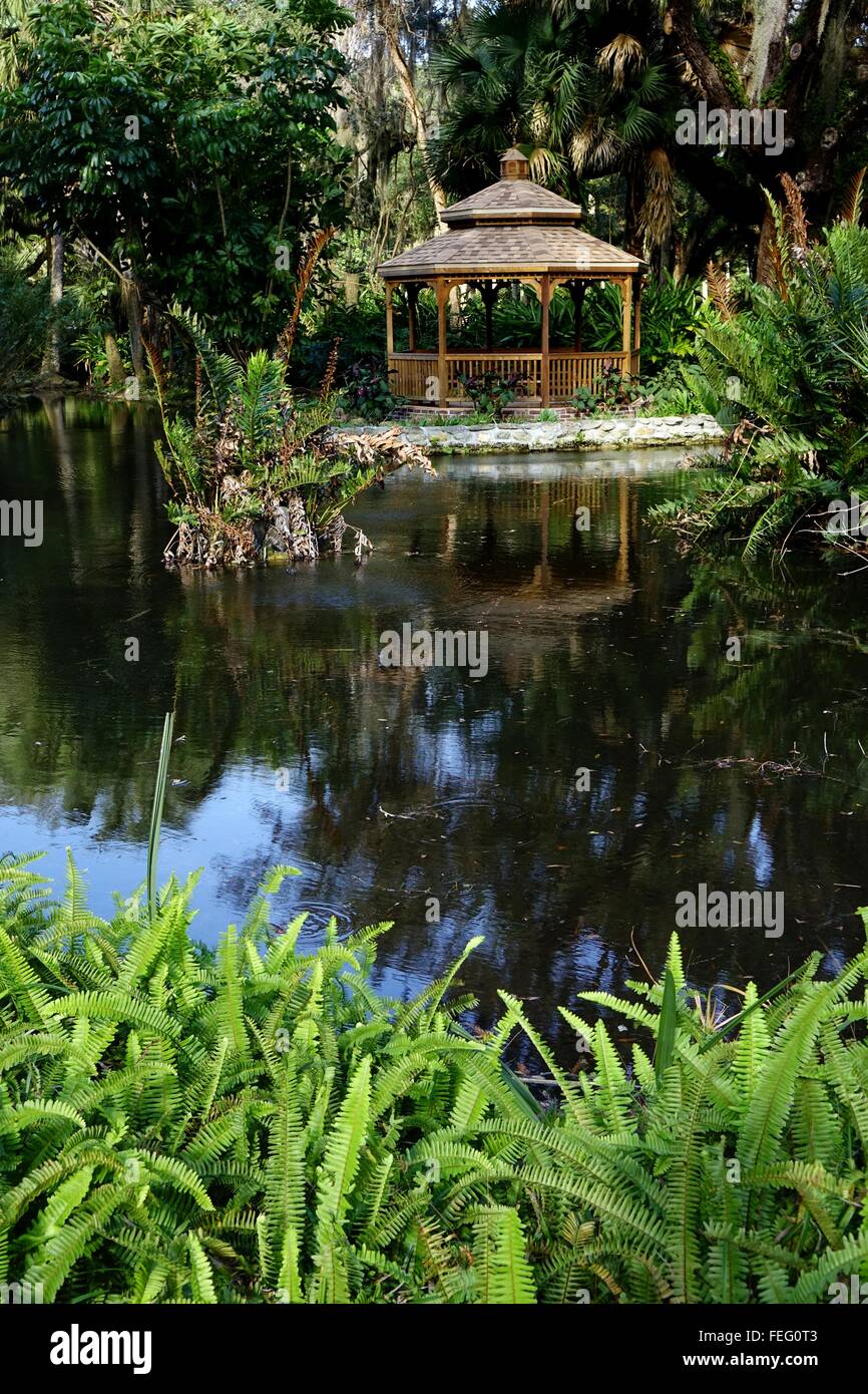 Gazebo et petit étang, Washington Oaks Gardens State Park, Floride Banque D'Images