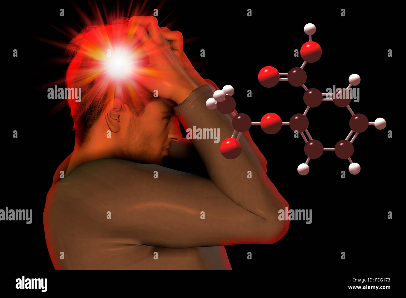 Illustration d'un homme atteint d'un mal de tête avec le modèle moléculaire de l'aspirine. Atomes de la molécule sont représentés comme Banque D'Images