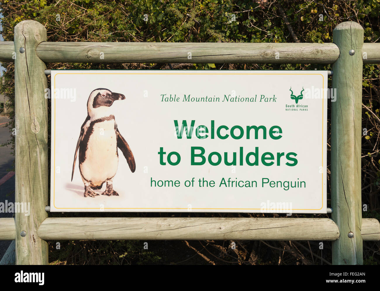 La plage de Boulders penguin signe, Simon's Town, péninsule du Cap, ville du Cap, dans l'ouest de la municipalité de la Province du Cap, Afrique du Sud Banque D'Images