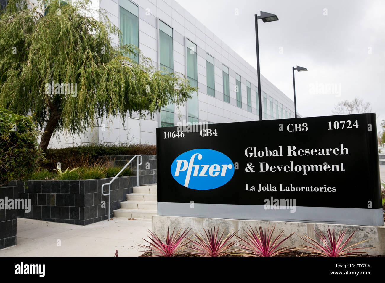 Un logo affiche à l'extérieur d'un établissement occupé par Pfizer Inc., à San Diego, Californie le 30 janvier 2016. Banque D'Images