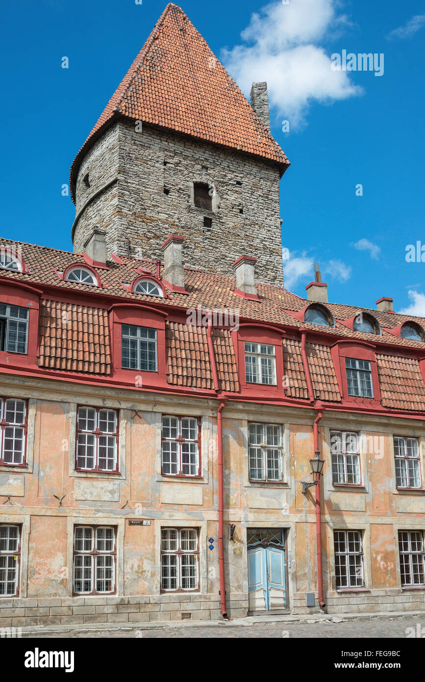 Immeuble de l'époque et tour médiévale, Kooli, Vieille Ville, Tallinn, Tartu County, République d'Estonie. Banque D'Images