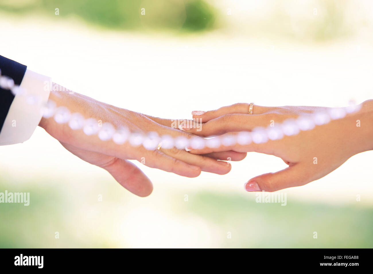 Le marié tient la bride d'une main à un mariage Banque D'Images Le marié tient la bride d'une main à un mariage Banque D'Images