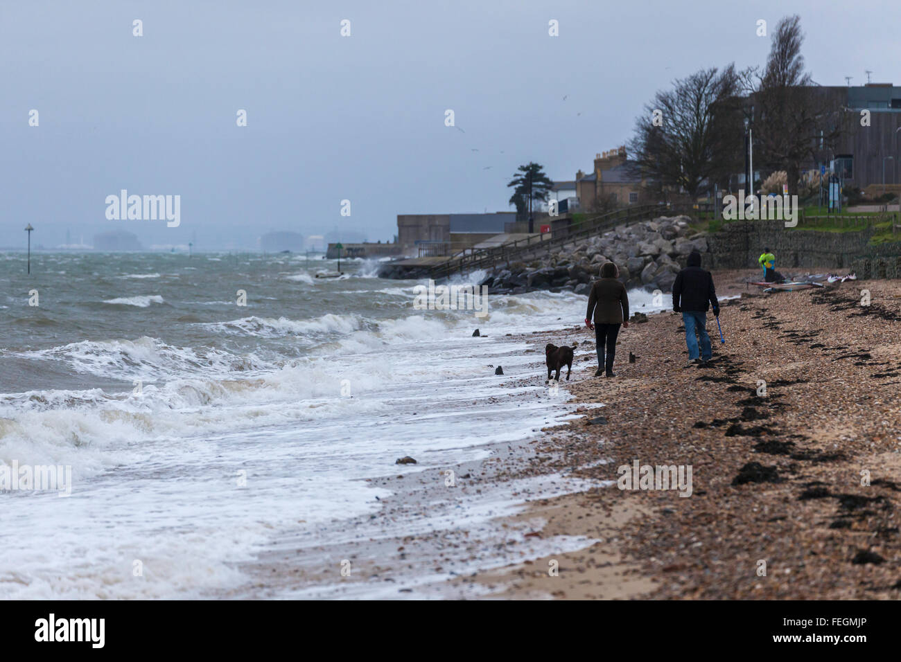 Personnes marchant chien sur la plage de l'Est lors des coups de vent Banque D'Images