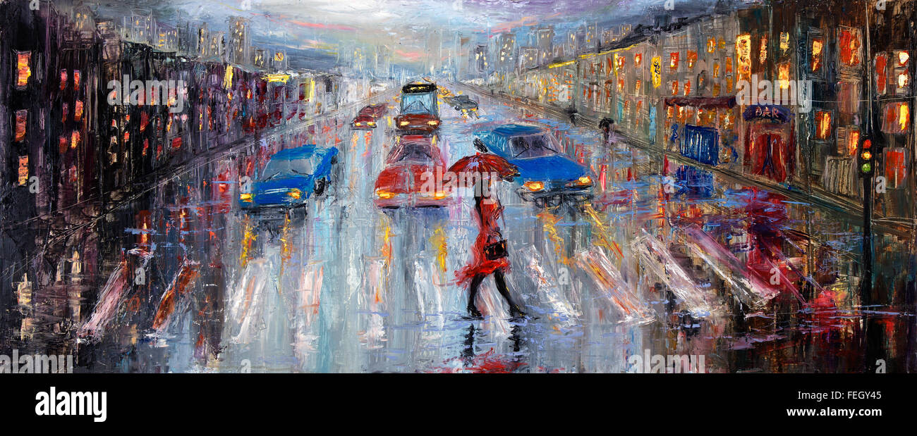 Peinture à l'huile originale montrant belle jeune femme en rouge,holding parapluie rouge traversant la rue de ville sur toile. Impre moderne Banque D'Images
