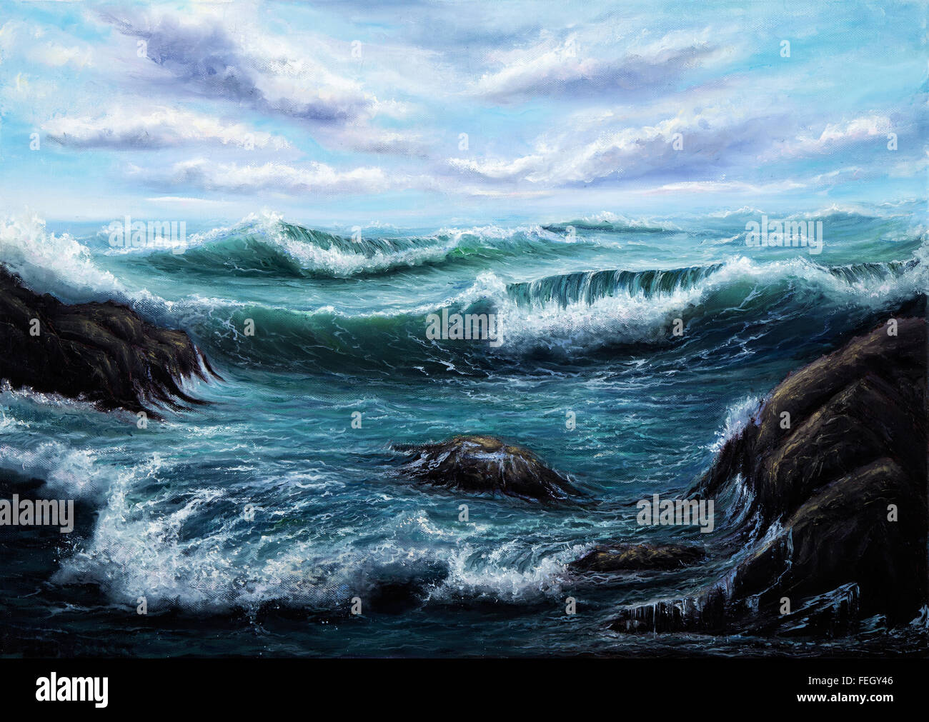 Peinture à l'huile originale montrant l'océan ou sur la mer sur toile. L'impressionnisme moderne, modernisme, marinism Banque D'Images