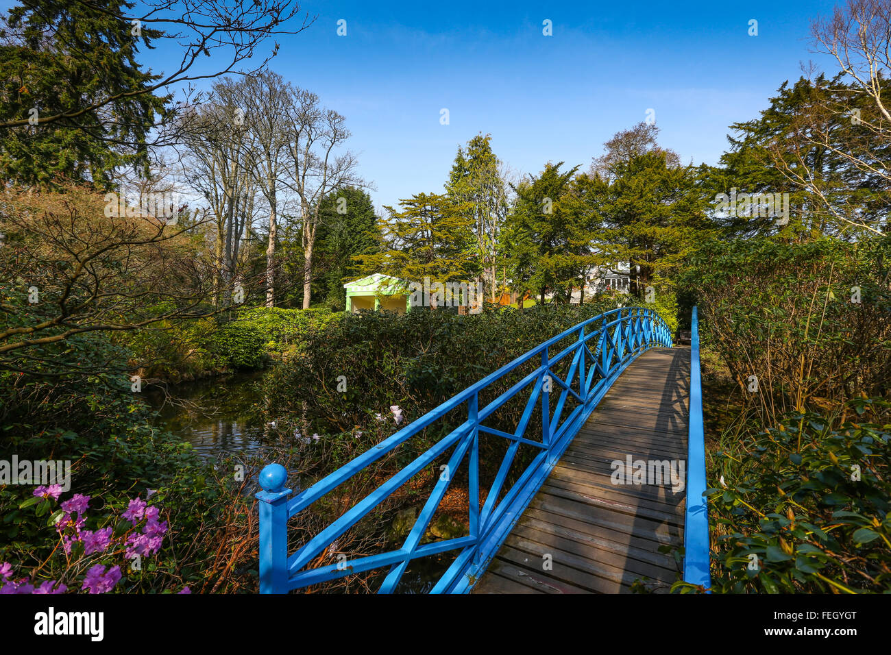 Pont sur l'étang à Johnston Gardens dans la ville d'Aberdeen, Écosse, Royaume-Uni Banque D'Images