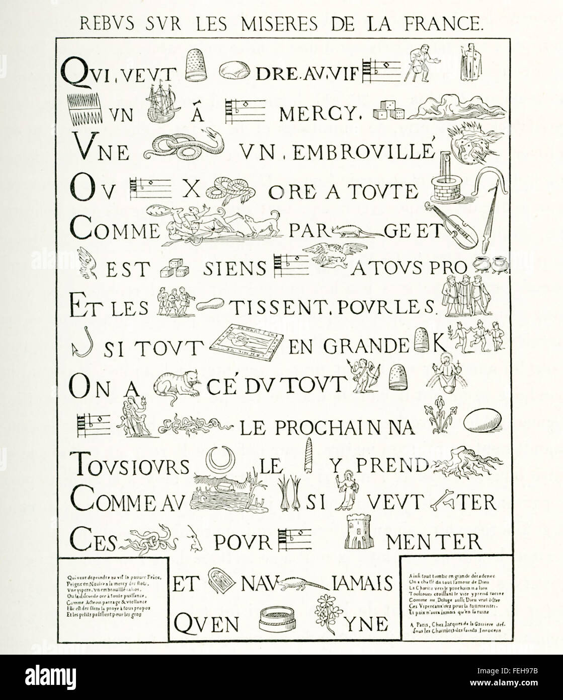 Ce Français rebus (allusional appareil qui utilise des images pour représenter les mots ou parties de mots) est la satire politique, une caricature politique qui remonte à environ 1592. C'est à peu près le temps que le conflit entre protestants et catholiques est à son apogée en France. Les principaux acteurs dans le conflit en 1592 la Ligue catholique, également connu sous le nom de la sainte ligue, et henry IV. Le siège de Paris s'est produit en 1590. L'illustration est apparu dans la recommandation de l'Histoire de France, 1591-1595. Banque D'Images