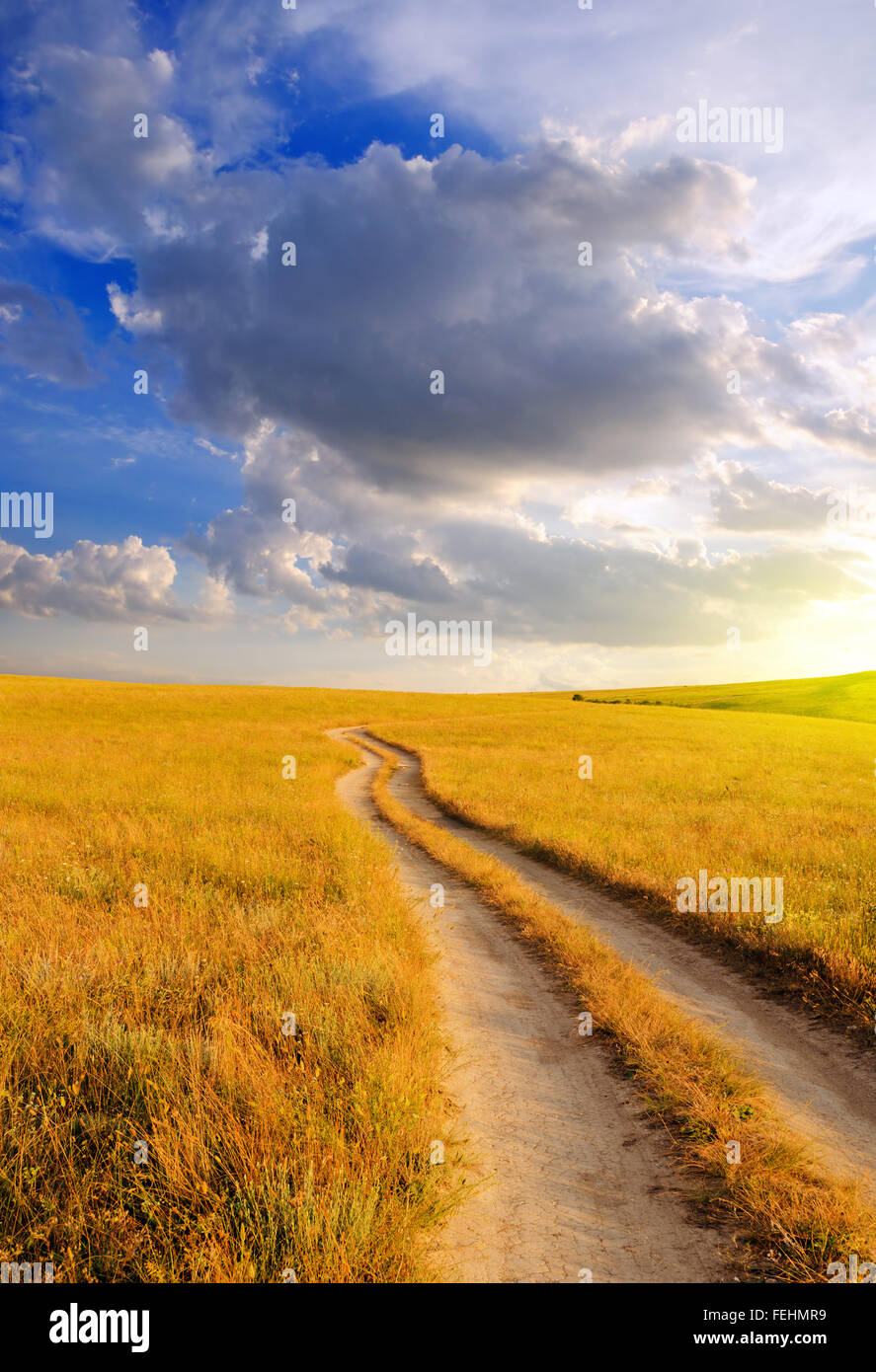 Beau Lever de soleil dans la steppe sur la route de terre. Paysage d'été. Banque D'Images