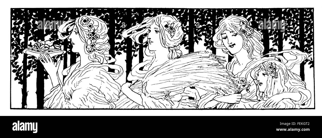 Trois femmes et une fille par D Chamberlain de Glasgow, l'art nouveau à partir de 1897 La ligne Illustration concours Studio Magazine Banque D'Images