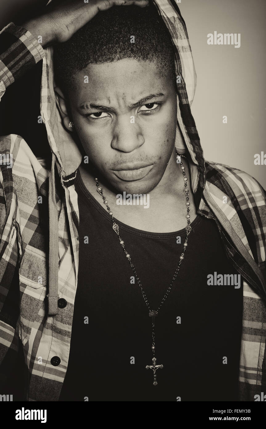 Portrait of African American male wearing hoody. Banque D'Images