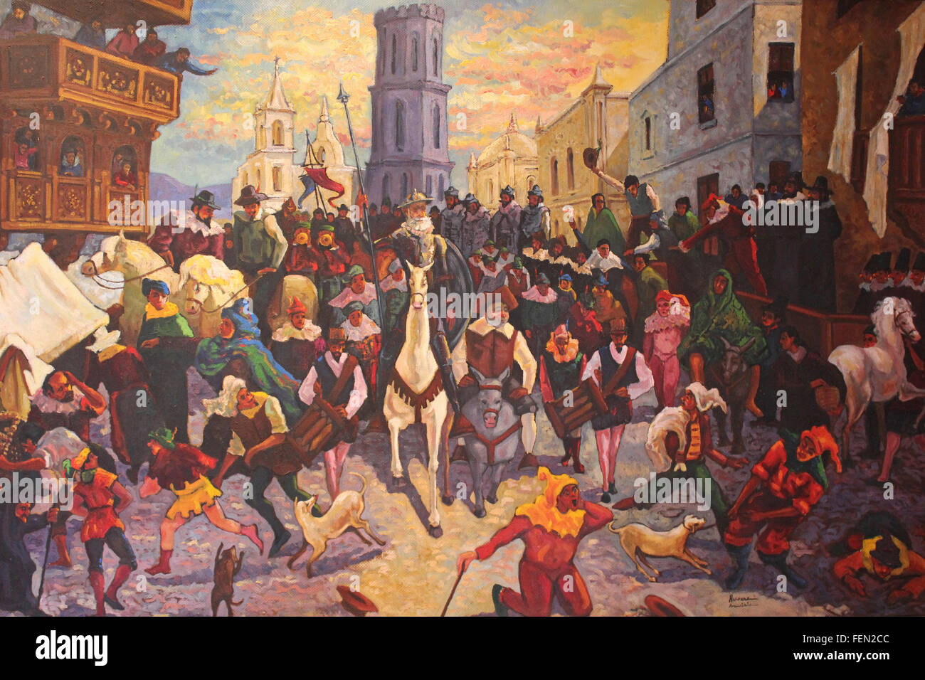 La peinture de Don Quichotte par Arequipa Artiste Percy Herrera 'En un lugar de la mancha' - 'Dans le village de La Mancha' Banque D'Images