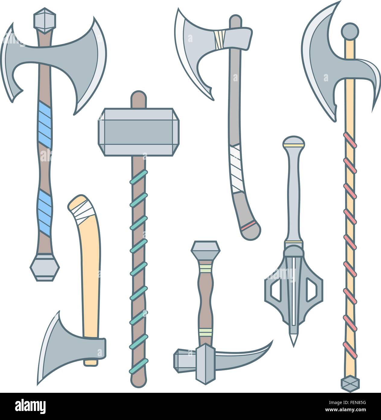 Couleur froide contour vectoriel armes médiévales avec ax ax hammer mace hallebarde bataille poleax Illustration de Vecteur