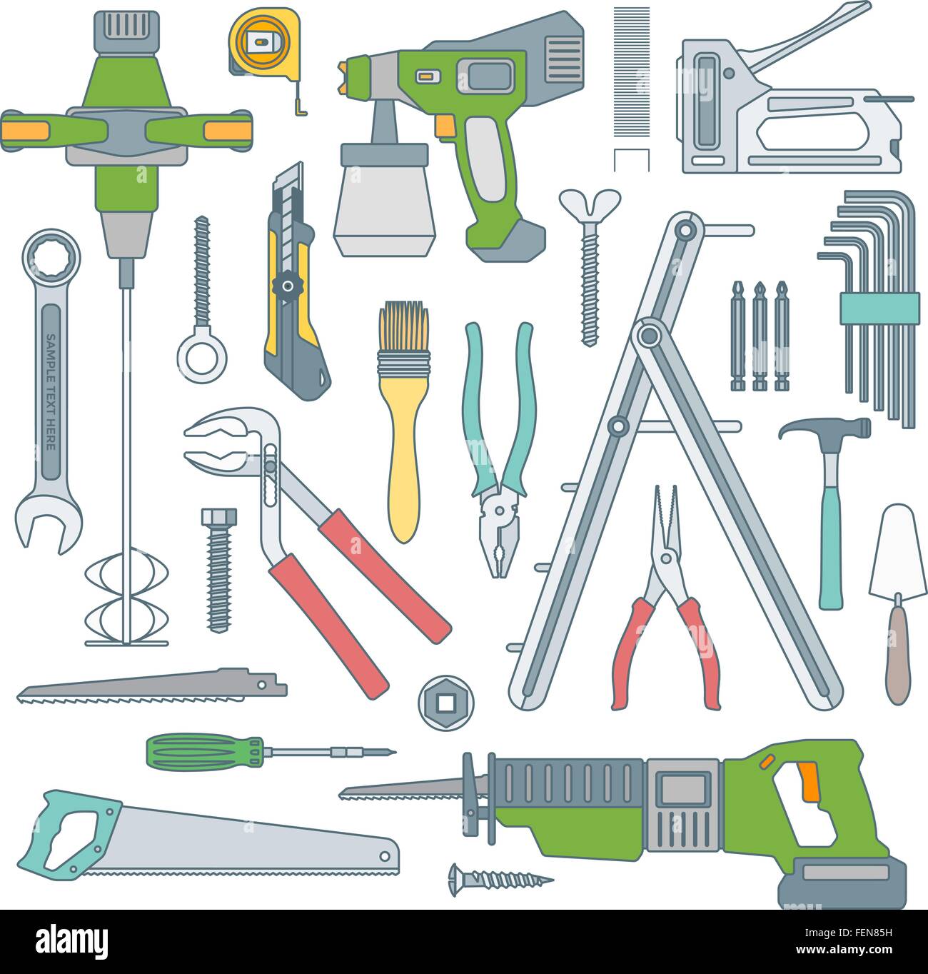 Contours colorés vecteur divers outils de réparation instruments mis Illustration de Vecteur