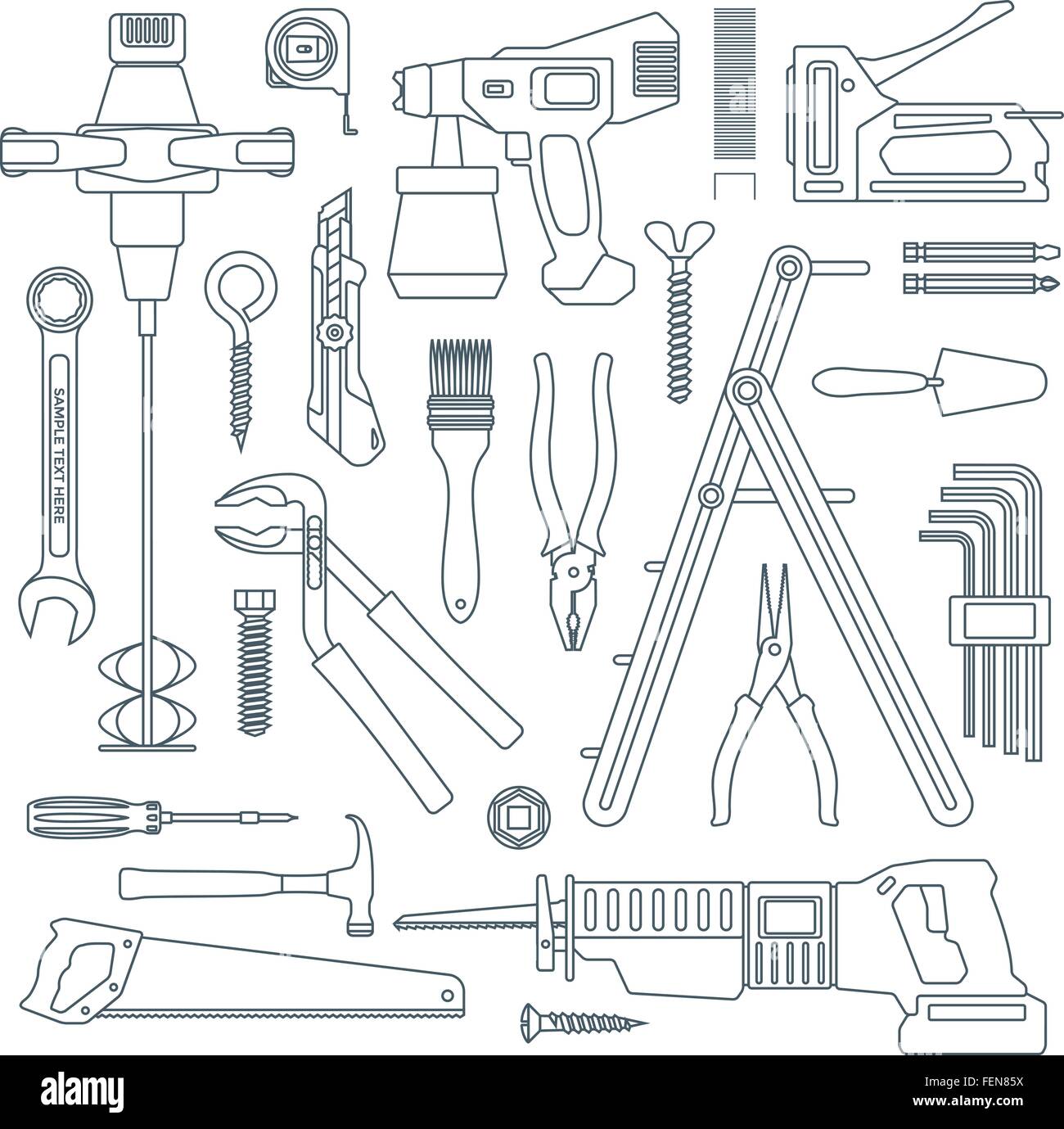 Contour gris foncé vecteur divers outils de réparation des instruments mis à la chambre Illustration de Vecteur