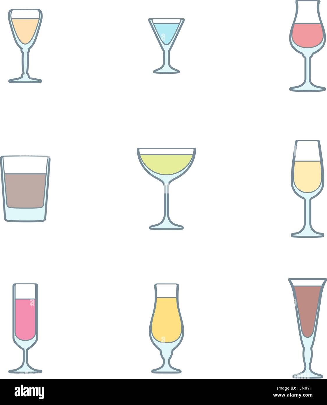 Couleur des verres d'alcool contour vector icon set Illustration de Vecteur