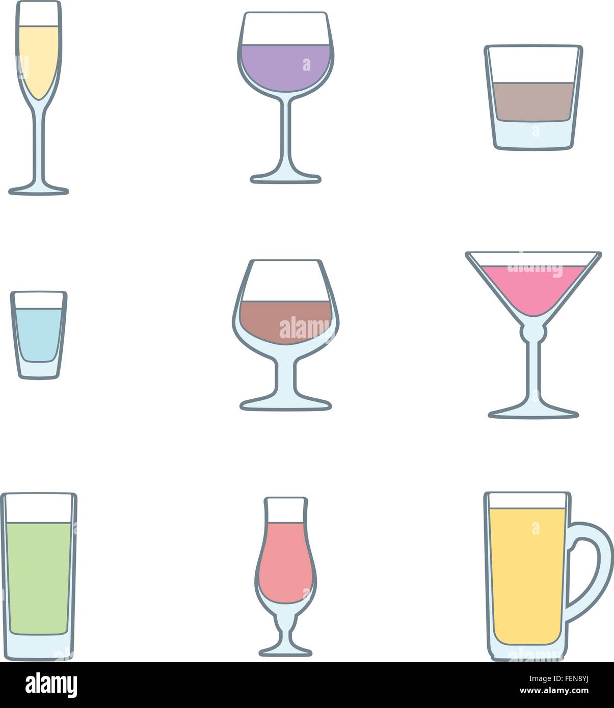 Couleur des verres d'alcool contour vector icon set Illustration de Vecteur