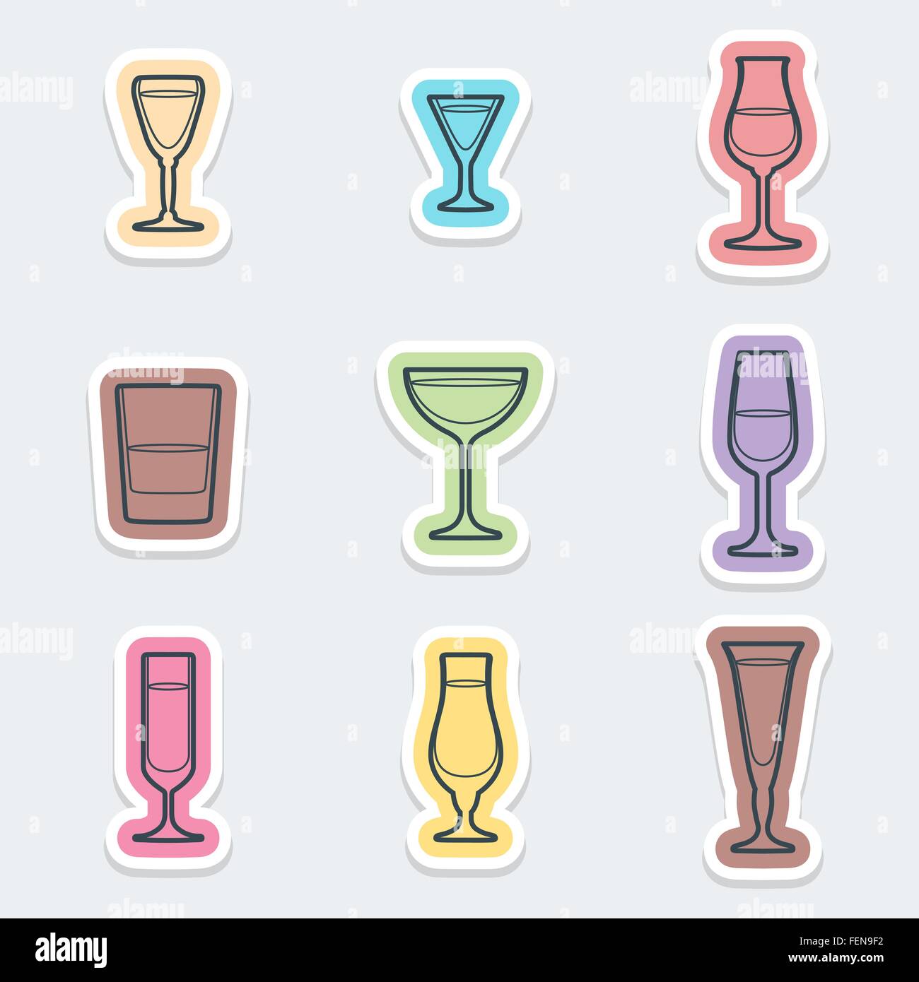 Couleur des verres d'alcool divers vecteurs icônes étiquettes avec ombre Illustration de Vecteur