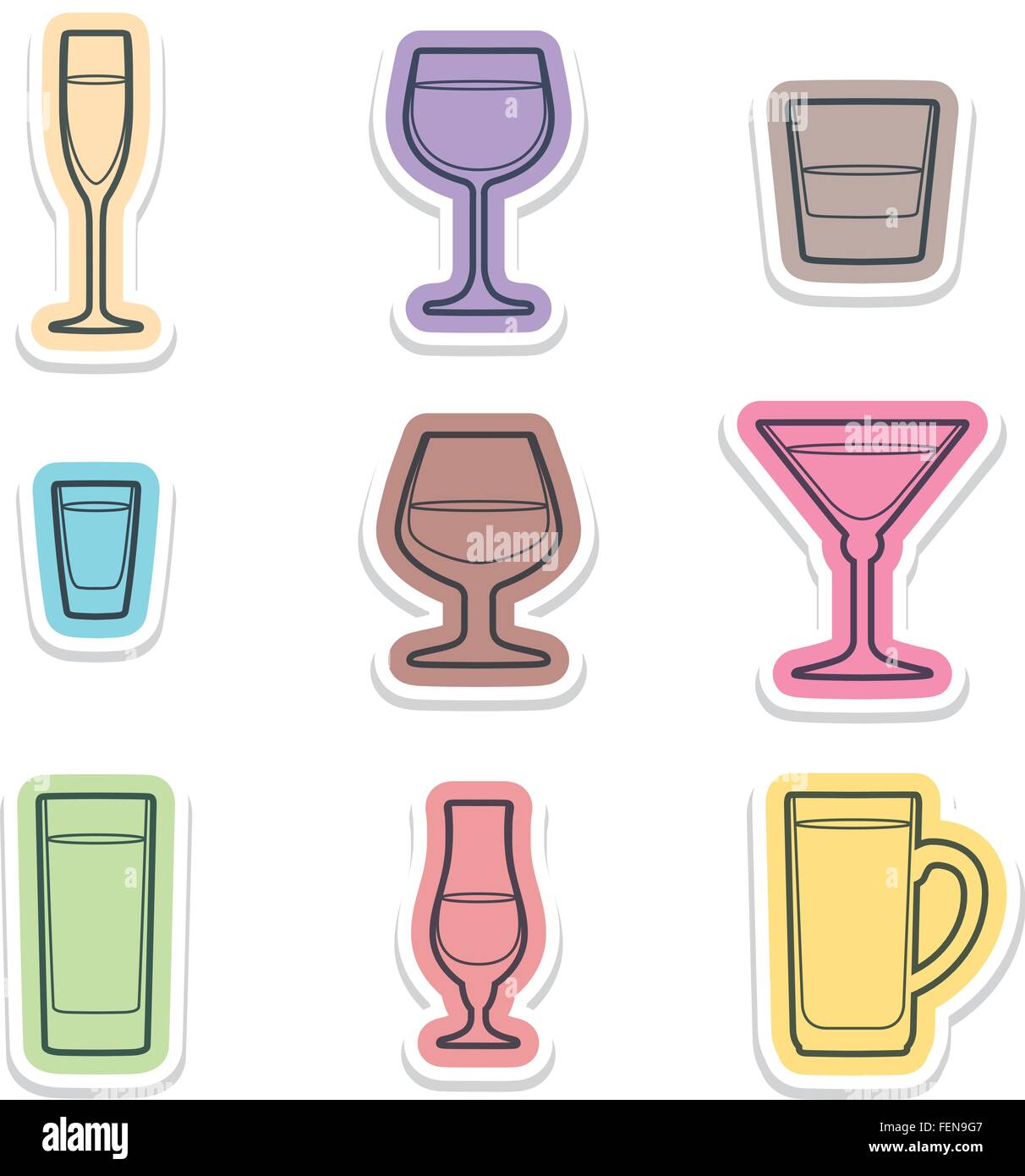 Couleur des verres d'alcool divers vecteurs icônes étiquettes avec ombre Illustration de Vecteur