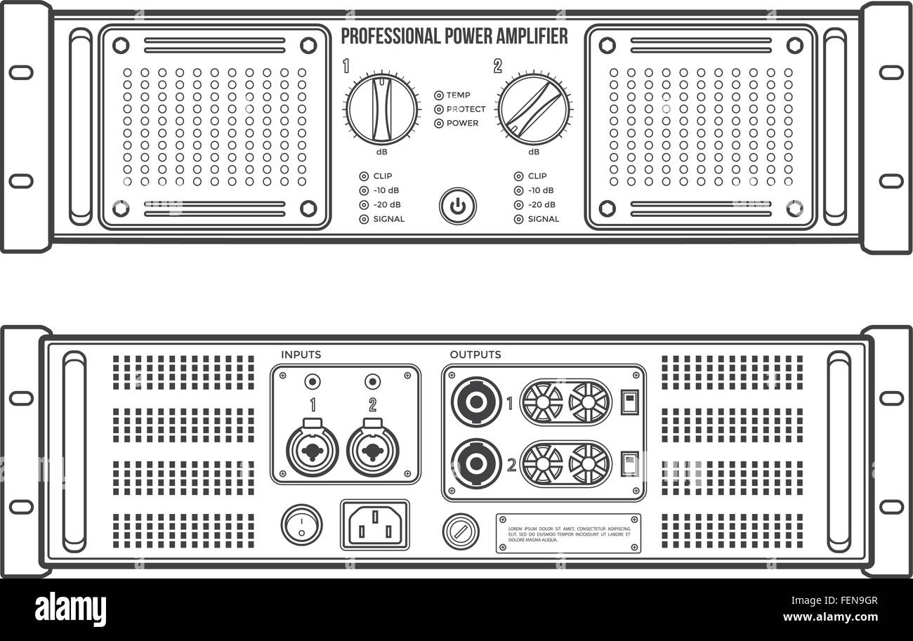 Contour vectoriel d'enceintes stéréo monochrome panneaux arrière avant de l'amplificateur Illustration de Vecteur