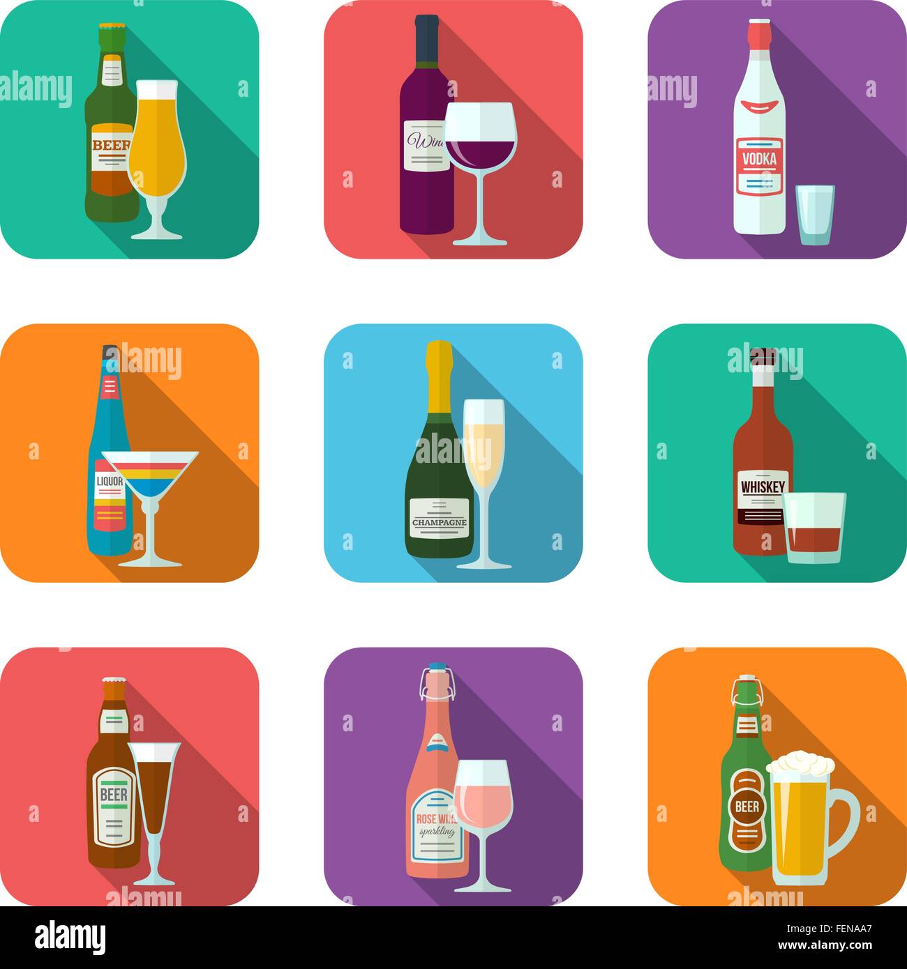 Modèle plat, bouteilles et verres d'alcool avec ombre icons set Illustration de Vecteur