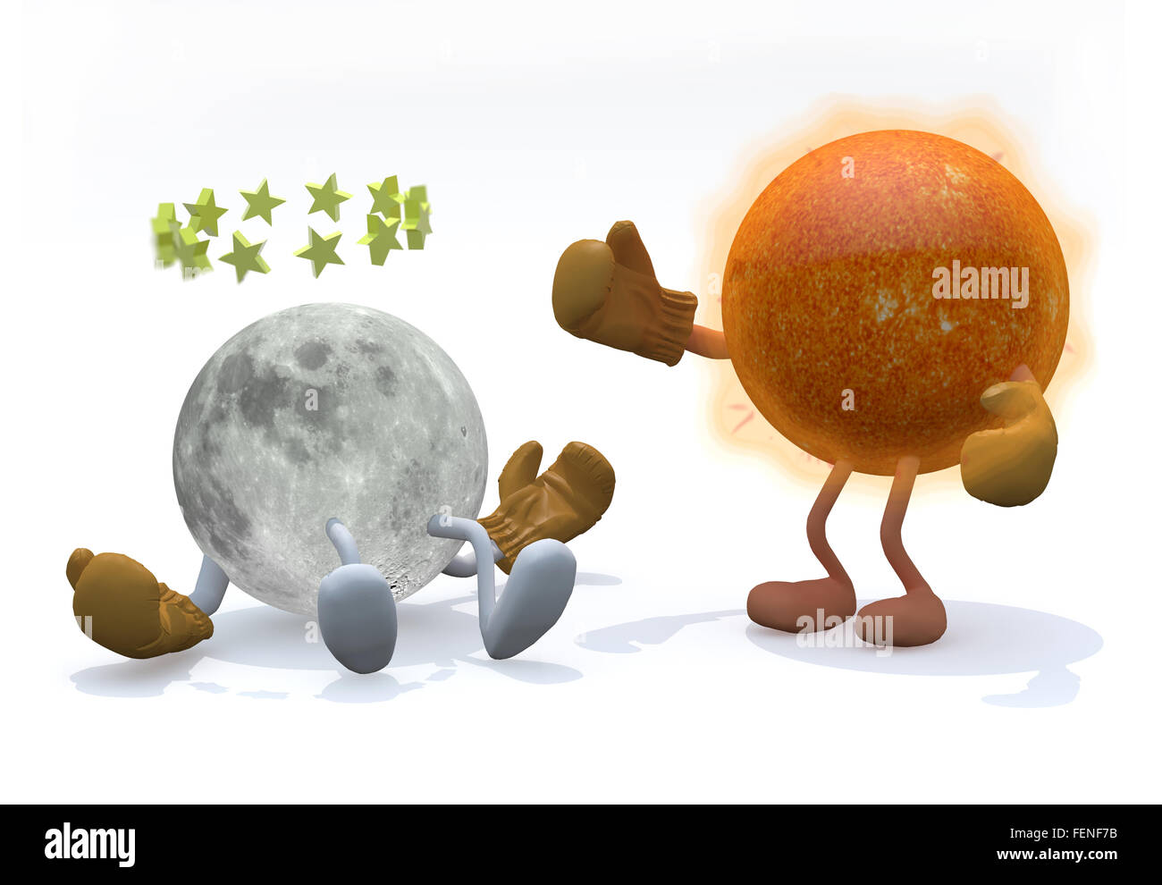 Soleil et lune avec les bras, les jambes et les gants de boxe, 3d illustration Banque D'Images