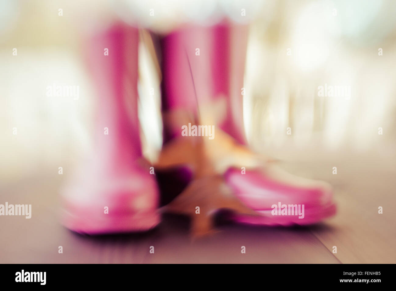 Une paire de bottes de pluie rose avec un effet de flou, de s'asseoir avec une grande feuille de chêne en automne Banque D'Images