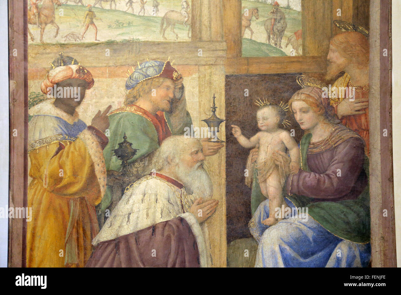 Adoration des Mages, 1520-1525. Par le peintre italien Bernardino Luini (1480-1532). Détail. En plein air. Banque D'Images
