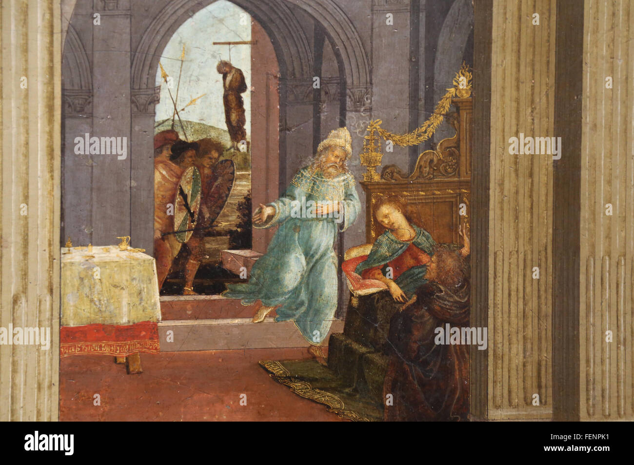 Trois scènes l'histoire d'Esther,1470-1475. Le Grand Vizir Aman demande en vain pour Esther la miséricorde divine. Par Botticelli et F.Lippi Banque D'Images