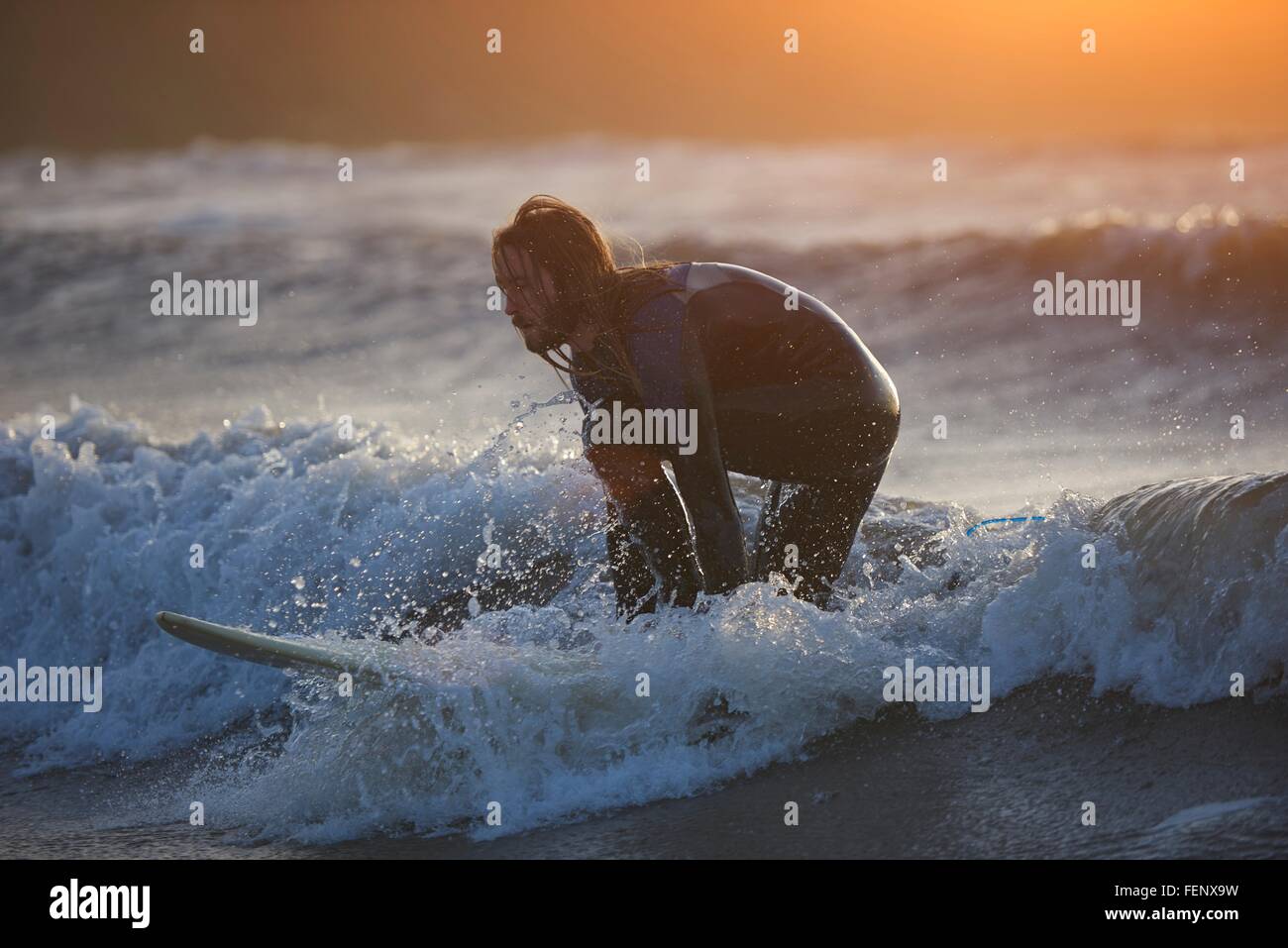 Jeune homme surf surfer sur la vague de l'océan, Devon, England, UK Banque D'Images
