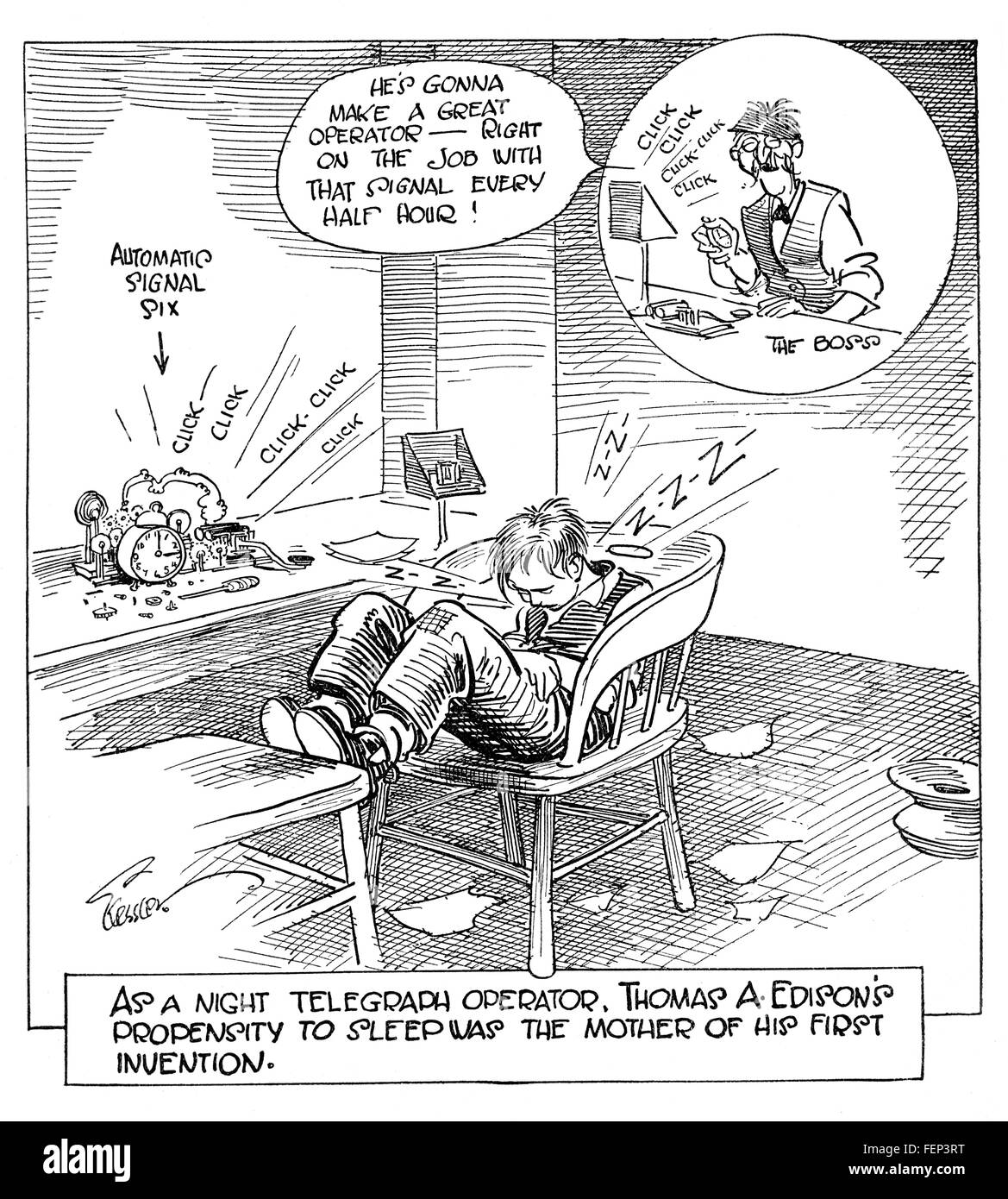 Caricature montrant les jeunes Thomas Edison sleeping while un réveil active automatiquement le telegraph key pour les signaux d'une demi-heure Banque D'Images