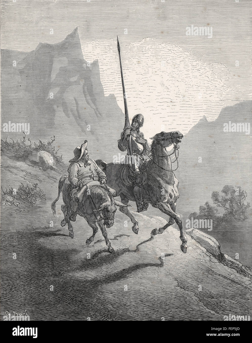 Don Quichotte et Sancho Panza tôt le matin par Gustave Dore Banque D'Images