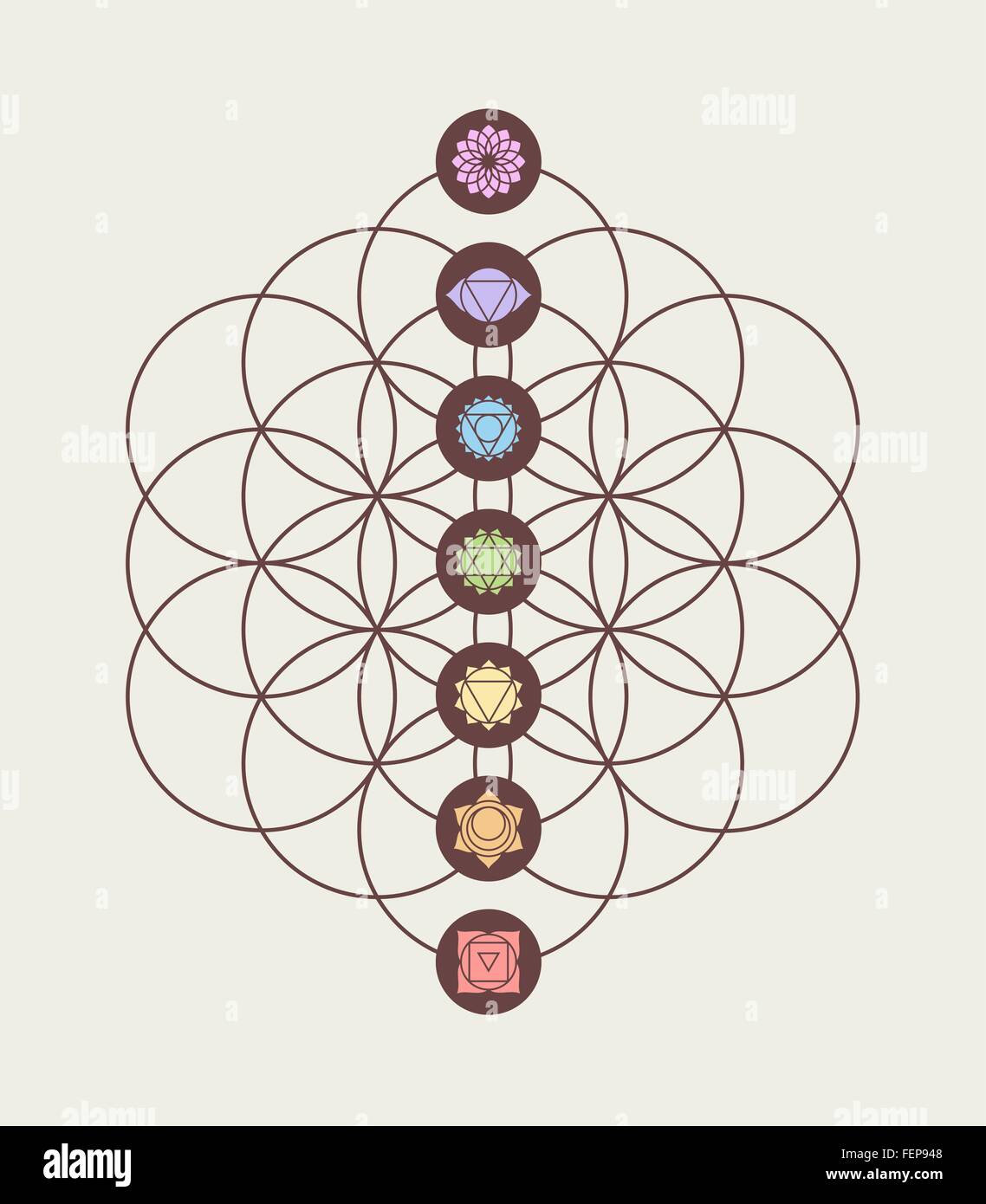 Chakras principaux sur Fleur de vie historique de la géométrie sacrée, l'harmonie et l'équilibre de design moderne. Vecteur EPS10. Illustration de Vecteur