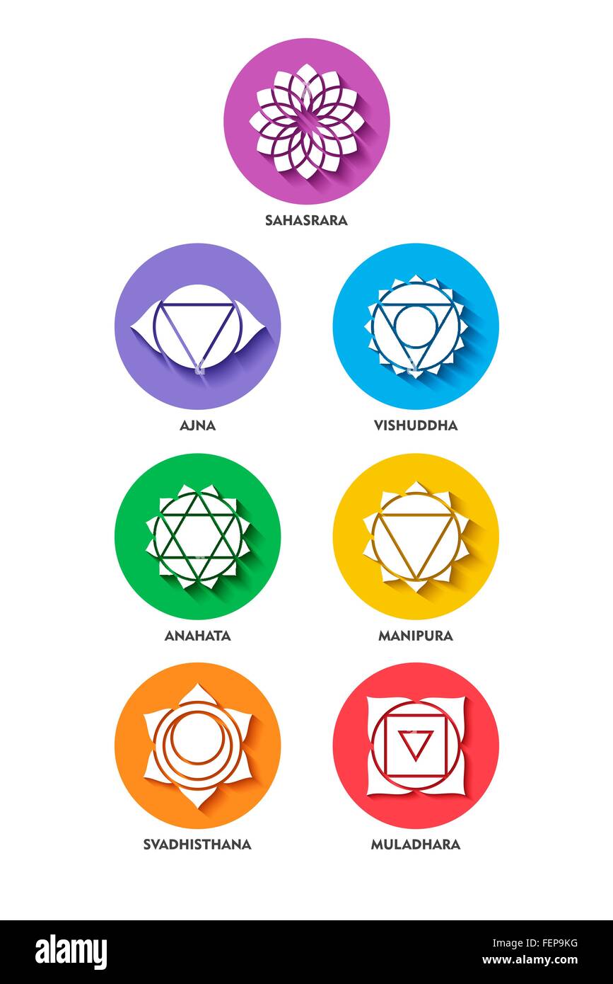 Ensemble d'icônes colorées yoga chakra dans un style simple avec ombre portée, isolé. Vecteur EPS10. Illustration de Vecteur