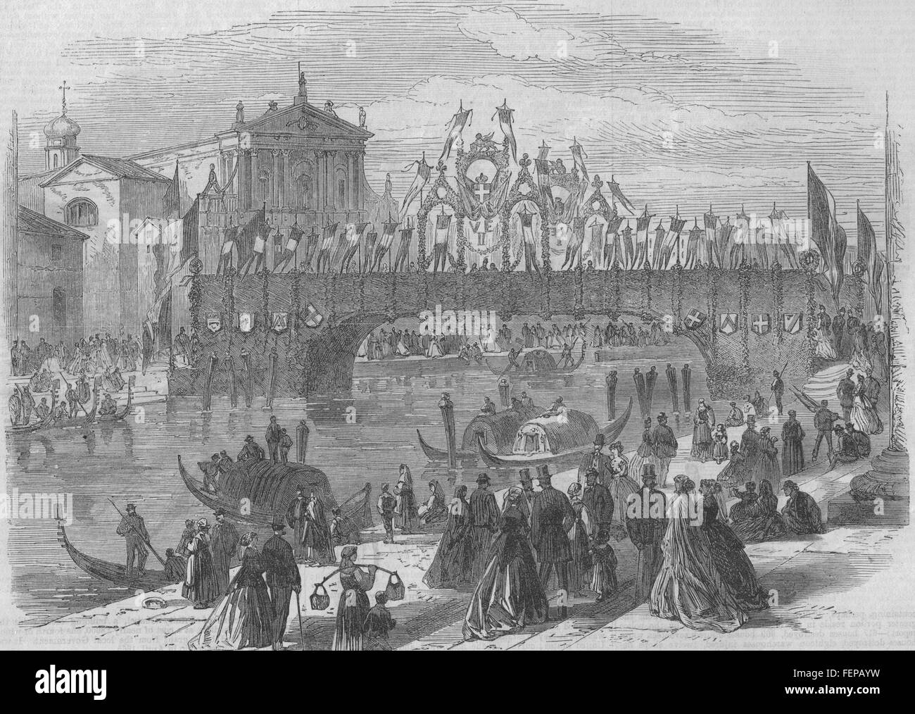 Venise Victor Emmanuel II. Décorées pont sur le Grand Canal 1866. Illustrated London News Banque D'Images