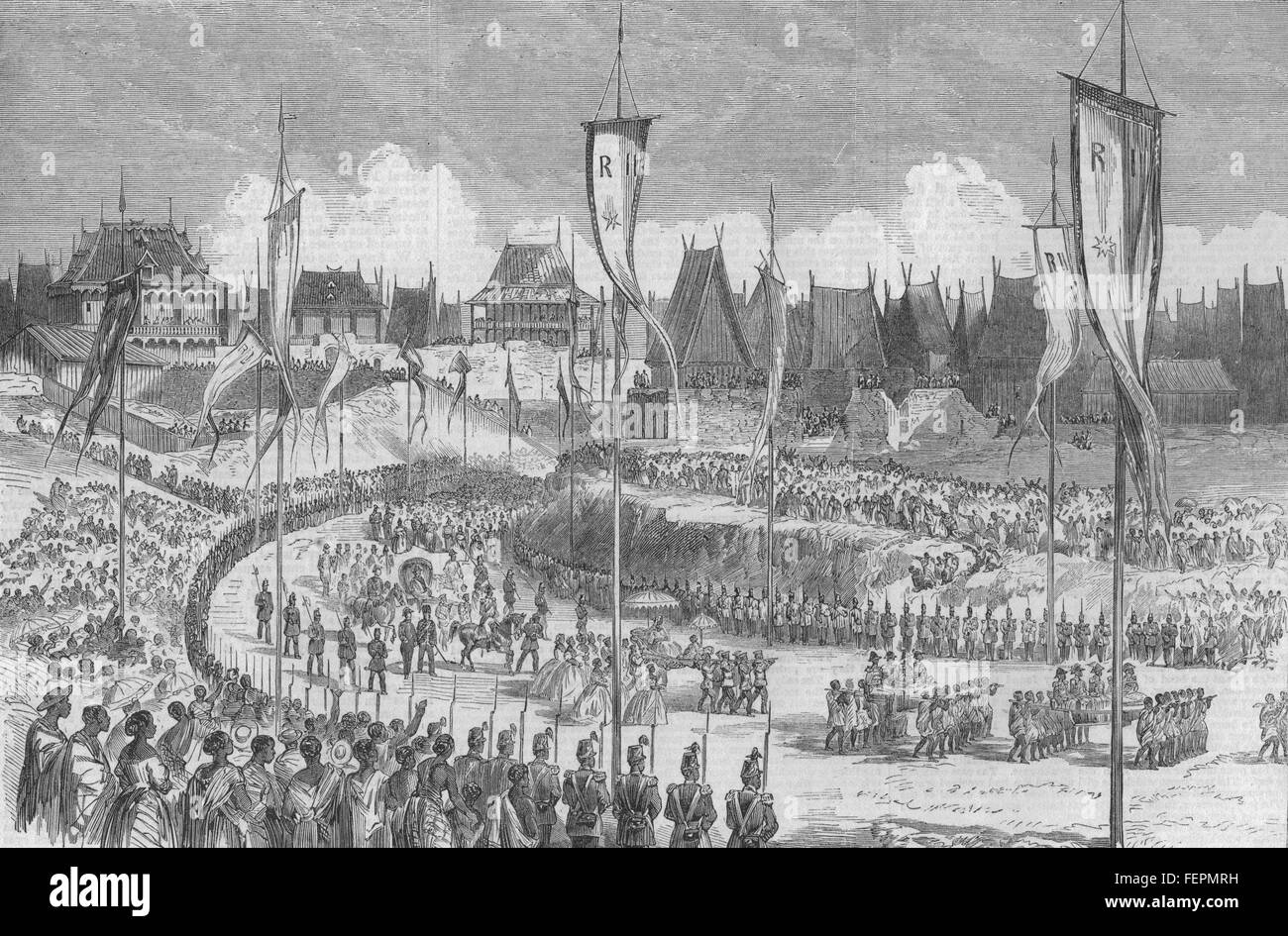 Couronnement du roi de Madagascar, Andohalo Kabary Sol Antananarivo 1863. Illustrated London News Banque D'Images