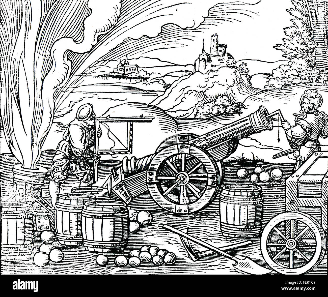 WALTER HERMANN RYFF (c 1500-1548) Illustration de son livre "1547 athematischen Mechanischen und Kunst' montrant l'utilisation de quadrants pour déterminer le meilleur angle pour tirer un canon pour la portée maximale Banque D'Images