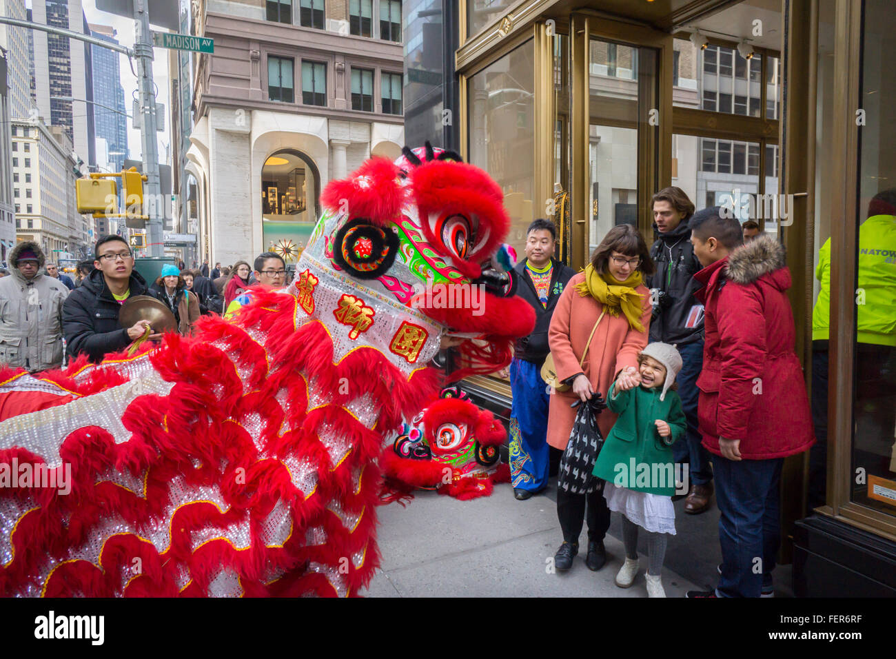 Une troupe de danse du dragon effectue à l'extérieur un Coach store à New York, le samedi 6 février 2016 à l'avance de la nouvelle année chinoise, l'année du singe. Pour la première fois New York va fermer les écoles publiques pour le Nouvel An chinois comme un congé scolaire. À l'occasion du Nouvel An lunaire de nombreuses familles asiatiques n'envoient pas leurs enfants à l'école mais enlever la maison de vacances à traditionnellement visiter famille et prendre des repas d'aliments favorables.La ville suspend déjà autre côté de la rue, parking gratuit. (© Richard B. Levine) Banque D'Images