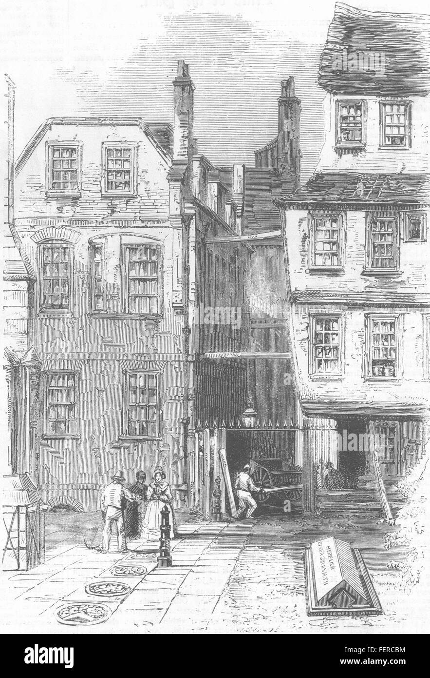 Maisons anciennes de Londres dans le Temple, et la tombe d'Oliver Goldsmith, 1860. Illustrated London News Banque D'Images