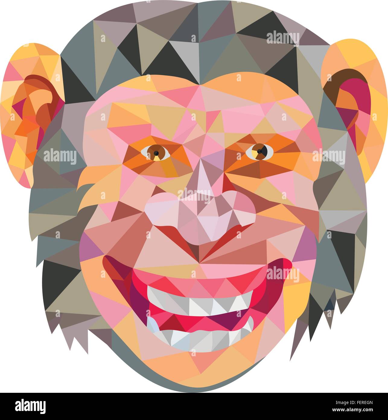 Illustration de style polygone faible tête de chimpanzé souriant face à l'avant fixé sur un fond blanc. Illustration de Vecteur