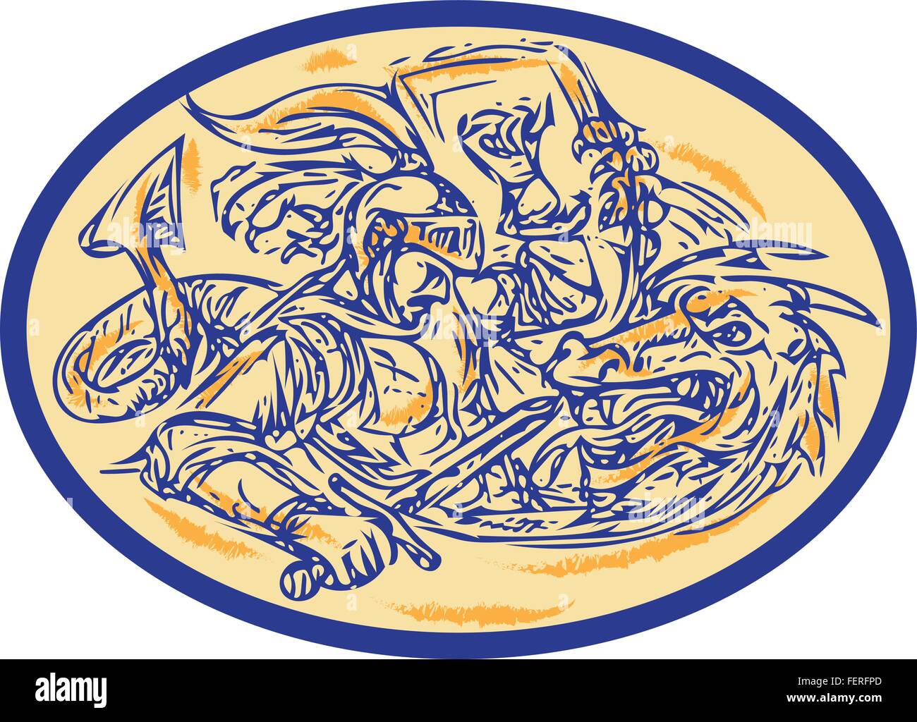 Croquis dessin illustration style de St George combats dragon set à l'intérieur de la forme ovale. Illustration de Vecteur