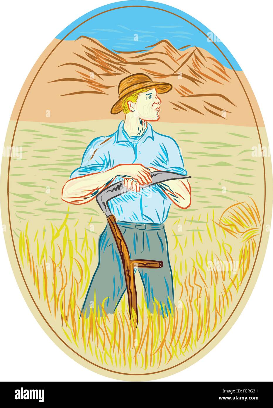 Croquis dessin illustration style de blé avec l'agriculteur biologique à la faux sur le côté situé à l''intérieur de la forme ovale avec vue sur la montagne et sur le terrain à l'arrière-plan. Illustration de Vecteur