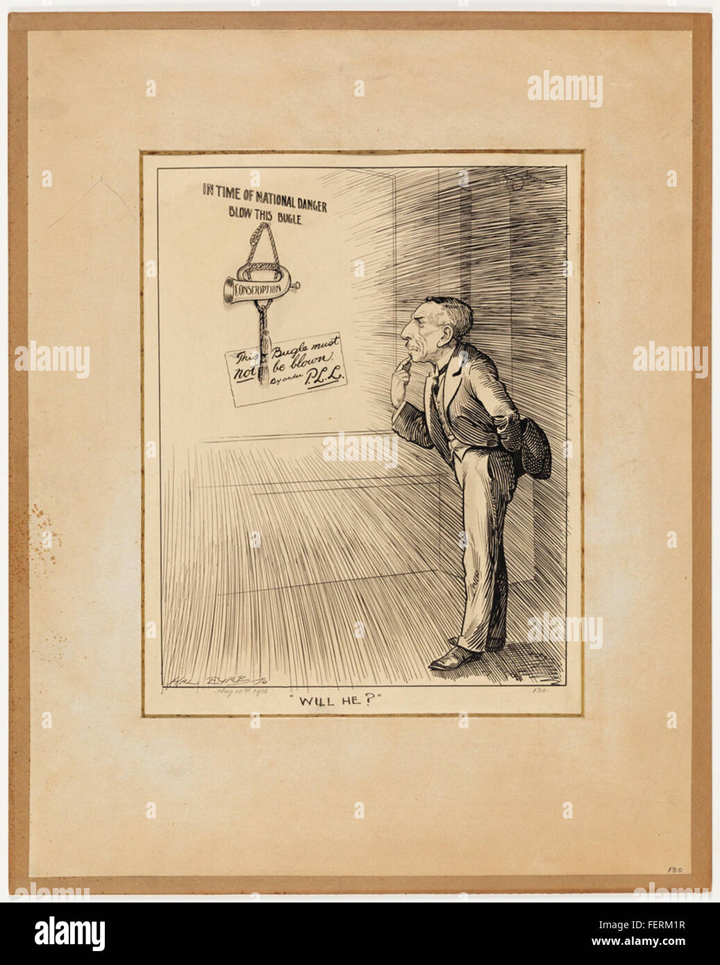 Une caricature de la première Guerre mondiale du Daily Telegraph, décrivant la question de la conscription pendant la guerre. L'image aborde avec humour l'opinion publique et les réactions de la société au service militaire obligatoire pendant le conflit. Banque D'Images