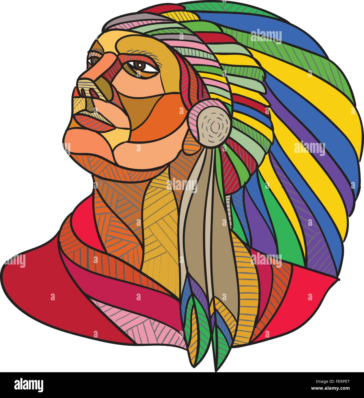 Croquis dessin illustration de style indien de l'Amérique du chef guerrier avec la coiffure à la recherche sur le côté isolé sur fond blanc. Illustration de Vecteur