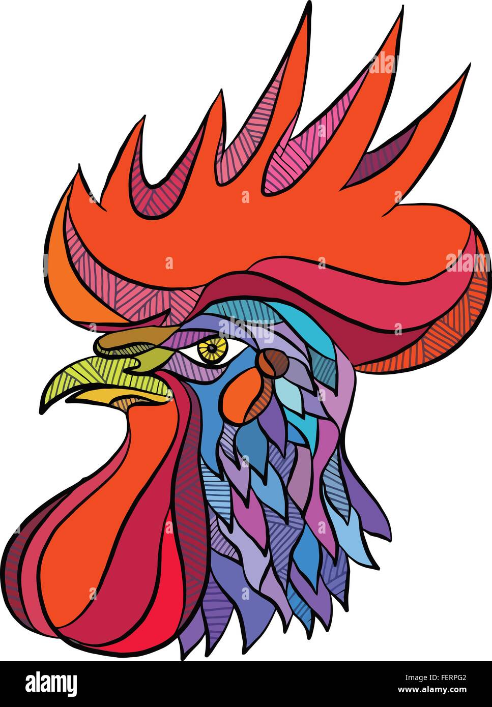 Style croquis dessin illustration d'une tête de coq poulet vu du côté situé sur fond blanc isolé. Illustration de Vecteur