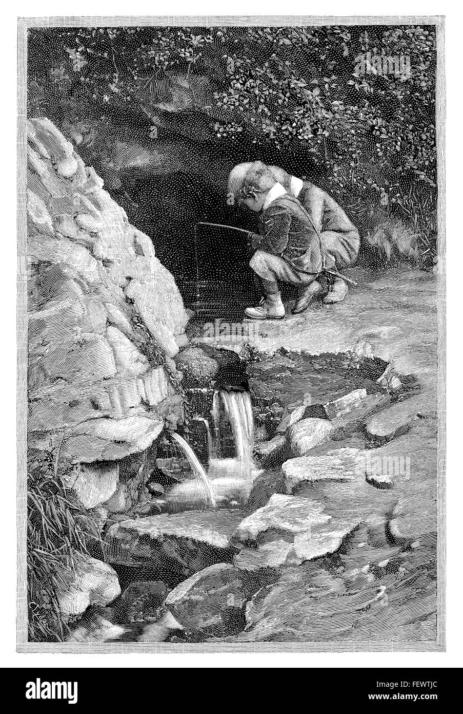 Gravure en noir et blanc de 1894 représentant deux enfants pêche dans un ruisseau. Banque D'Images