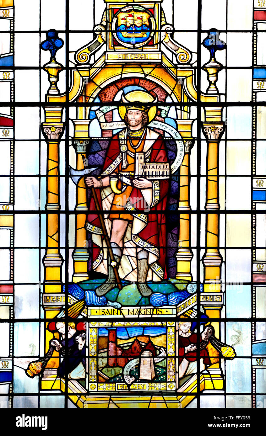 Londres, Angleterre, Royaume-Uni. Église de St Magnus the Martyr. L'intérieur. Vitrail. St Magnus Banque D'Images