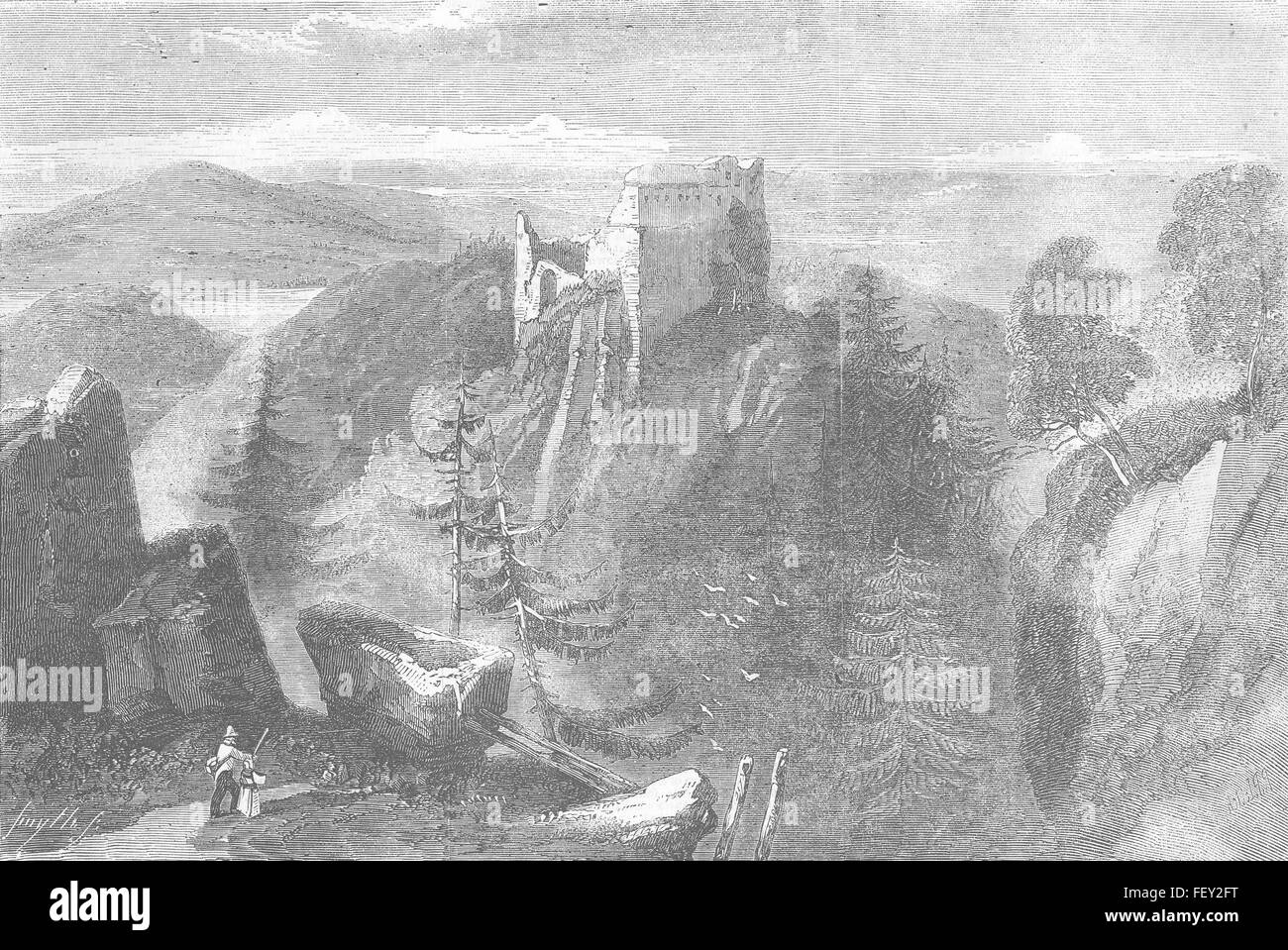 L'ALLEMAGNE L'Alte Schloss, à Baden, à partir de la roche 1856. Illustrated London News Banque D'Images