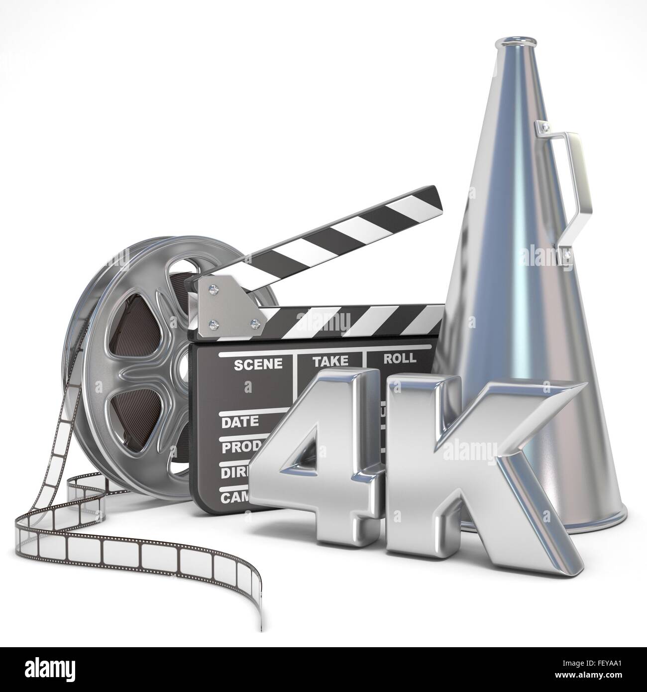 Vidéo, film, cinema concept de production. Bobines, Meissen, mégaphone et 4K. Rendu 3D illustration isolé sur fond blanc Banque D'Images